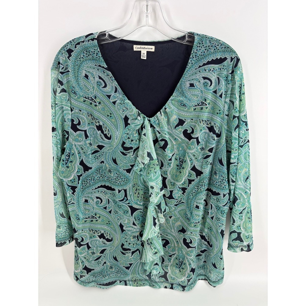 Croft & Barrow Womens 2X‎ Paisley Print Ruffle V Neck Long Sleeve Blouse Top